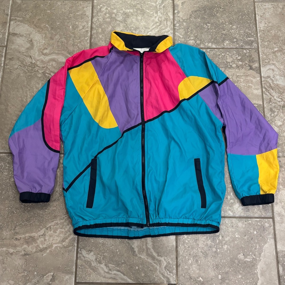 Funny Guy Mugs Retro 80s 90s Color Block Windbreaker Jacket Teal Pink Small